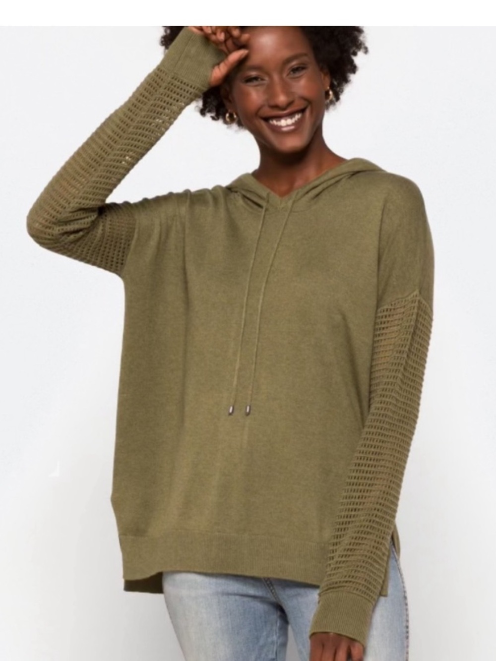 Stitches & Stripes Olive Hooded Sweater Women’s XL Open Knit Crochet Thumbholes